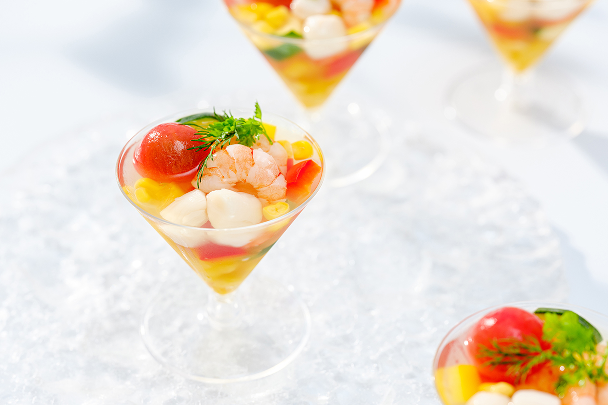 メニュー4 「夏野菜と魚介の百年水ゼリー寄せ」 えれんなごっそ